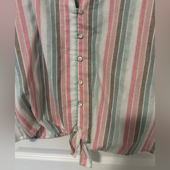 Point Zero Women’s Pink Blue Stripes Buttoned Tie Up Short Sleeve Top Size Small - Picture 2 of 9